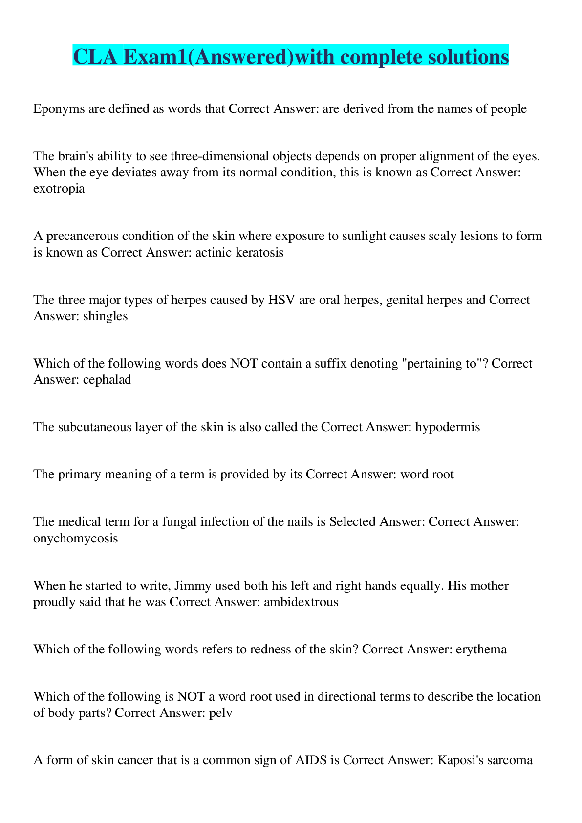 Preview image of CLA Exam1(Answered)with complete solutions document